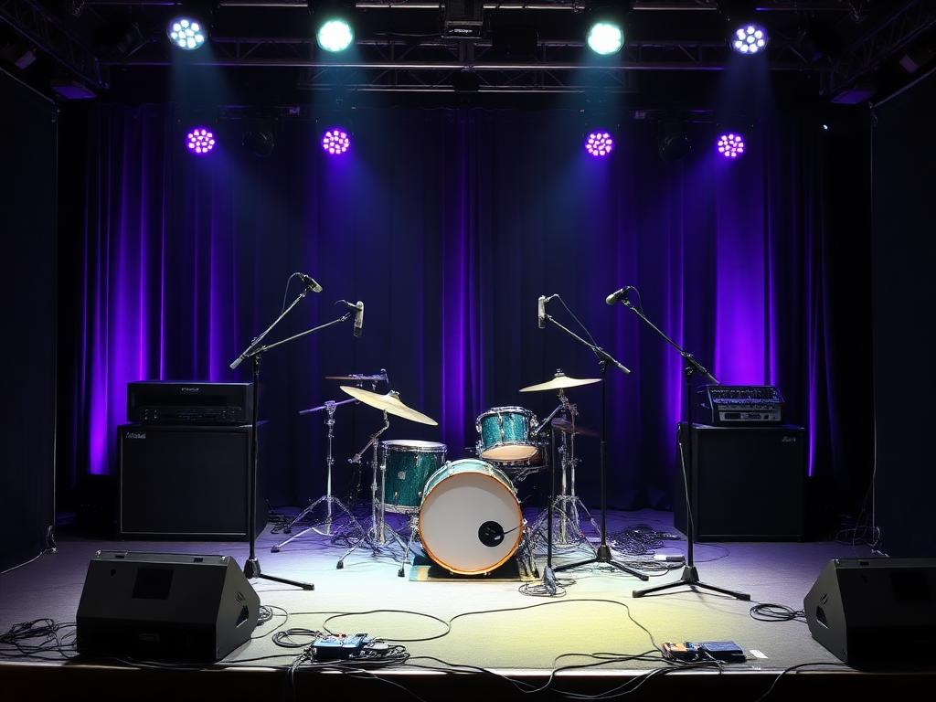 Opgebouwd bandpodium met drumkit, microfoons en monitoren