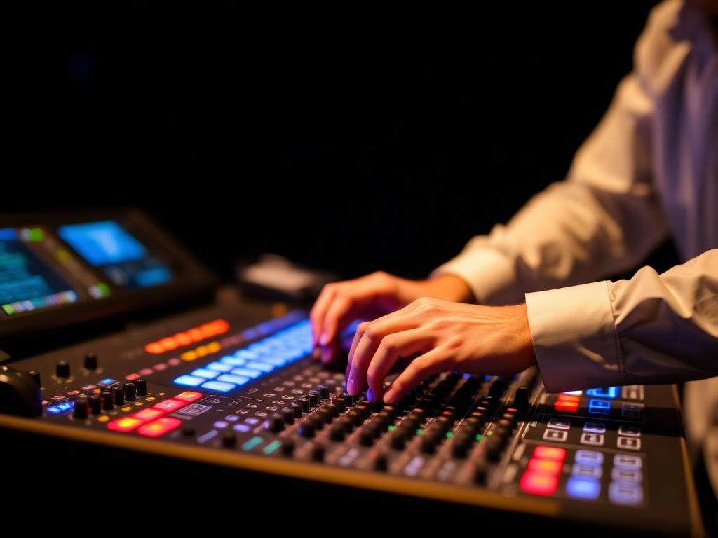 Technicus bedient een verlicht digitaal mengpaneel tijdens een evenement