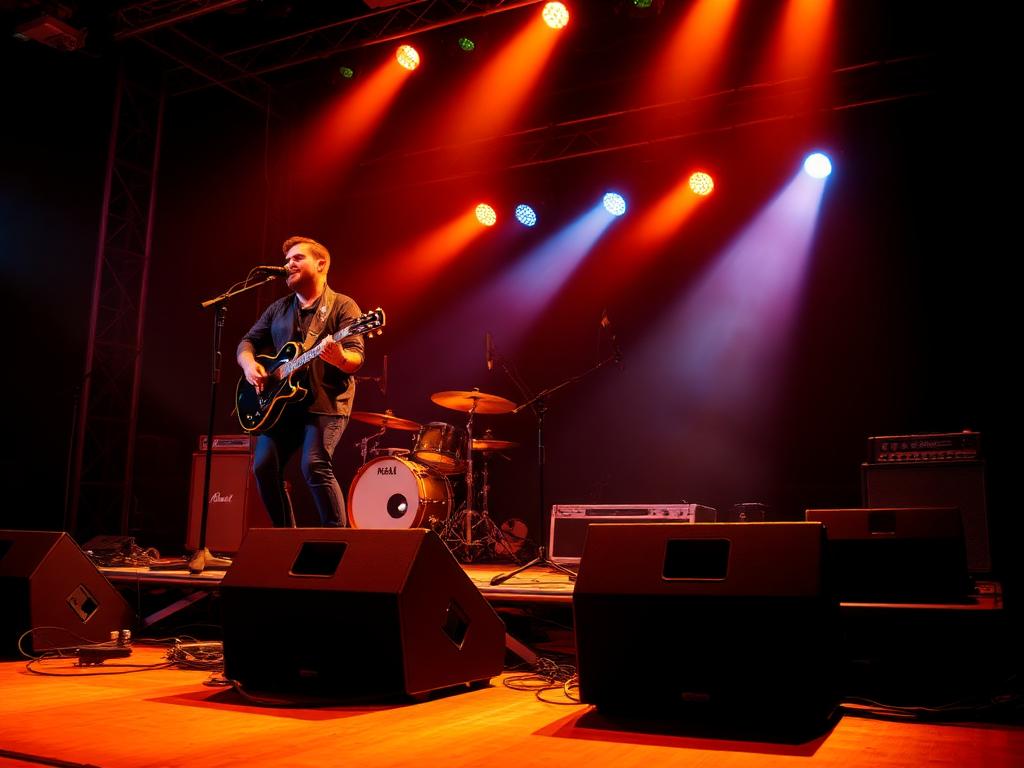 Band speelt live op een podium met monitoren en podiumverlichting