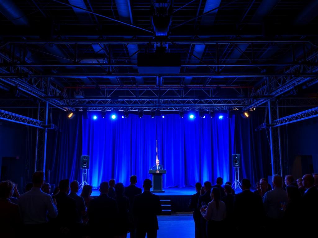 Bedrijfsfeest met podium, speakers en blauwe sfeerverlichting