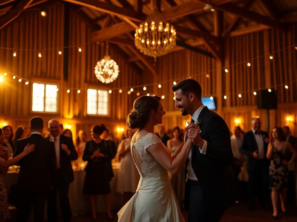 Bruidspaar danst onder warme feestverlichting in een sfeervolle trouwlocatie