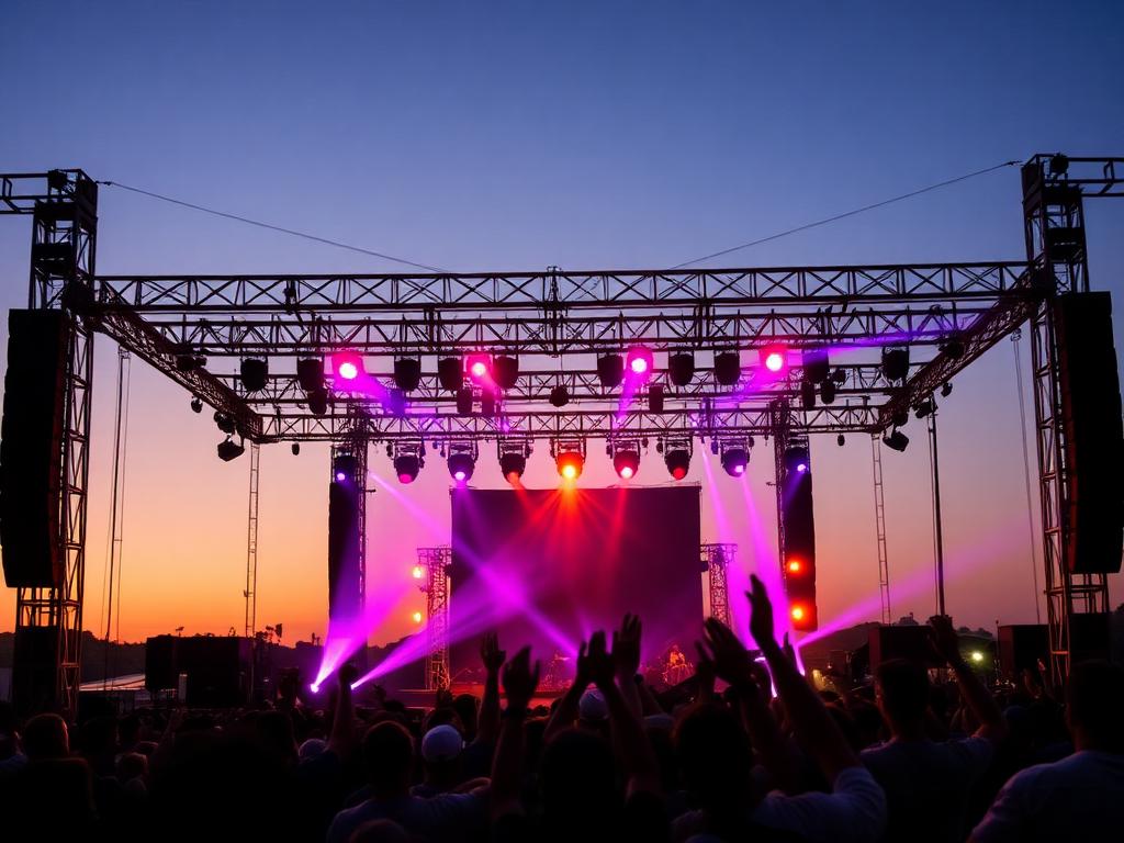 Festivalpodium met truss, moving heads en publiek
