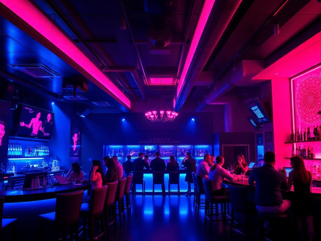 Sfeervolle horecalocatie met magenta en blauwe verlichting
