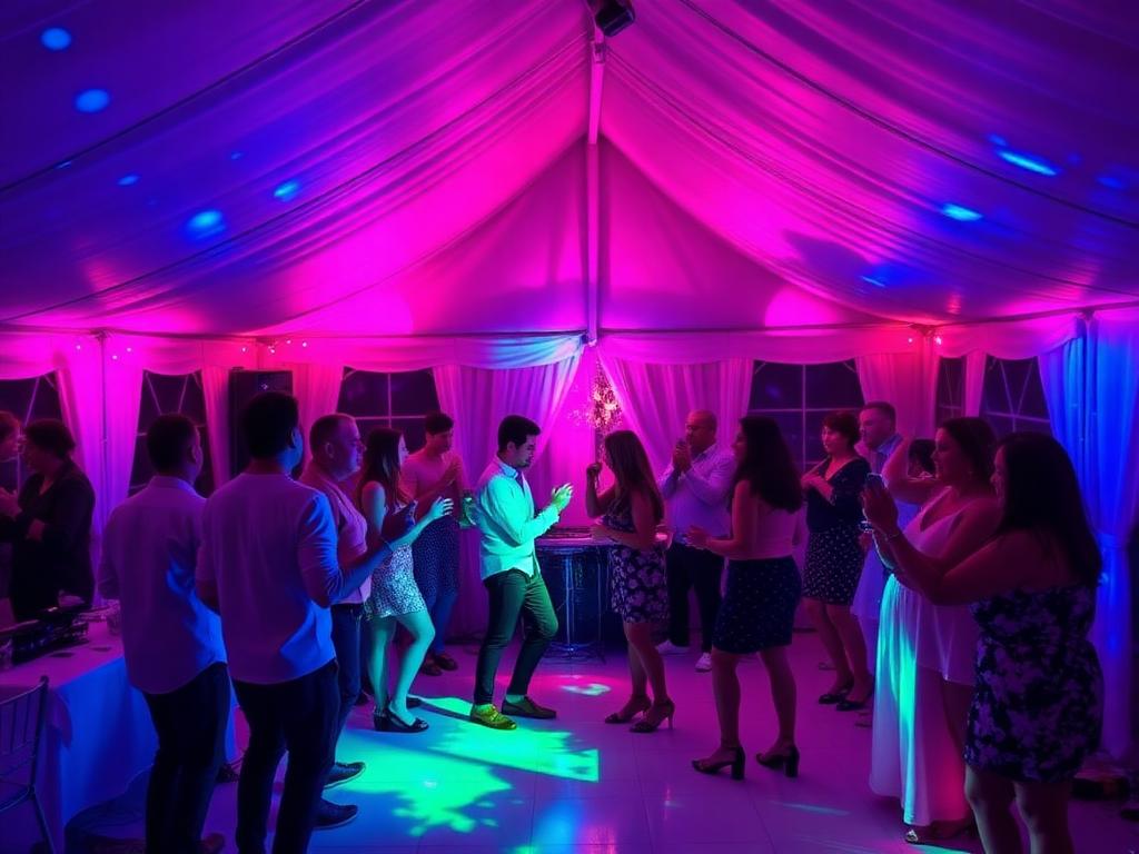Privéfeest in een partytent met kleurrijke feestverlichting